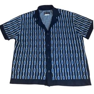 Original Use Mens Large Blue Geometric Knit Short Sleeve Camp Collar Button Down